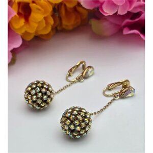 Vintage Aurora Borealis Rhinestone Ball Drop Clip On Earrings Gold Tone 2 In